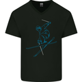 Skier Blue Outline Skiing Ski Mens V-Neck Cotton T-Shirt Black