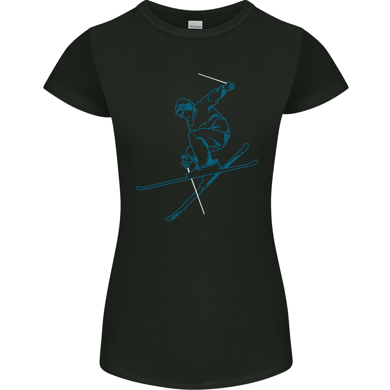 Skier Blue Outline Skiing Ski Womens Petite Cut T-Shirt Black