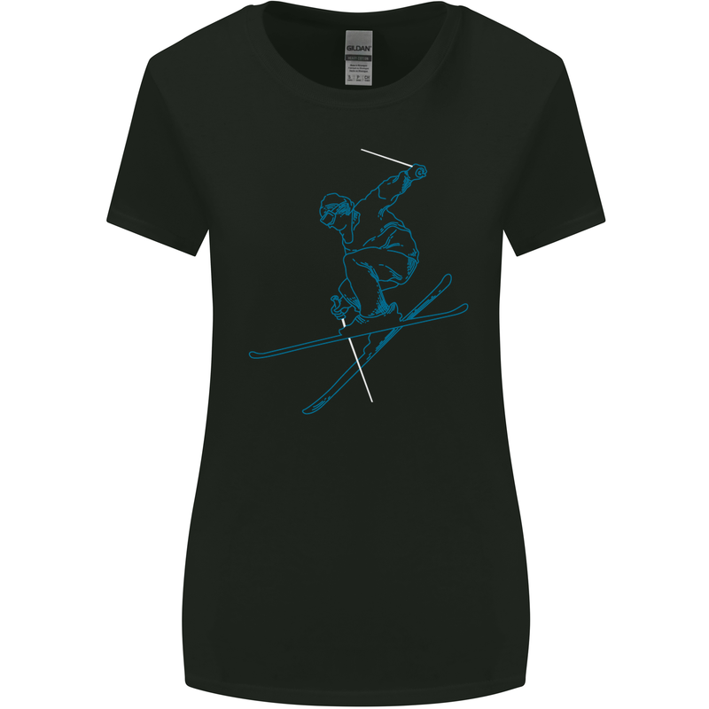 Skier Blue Outline Skiing Ski Womens Wider Cut T-Shirt Black