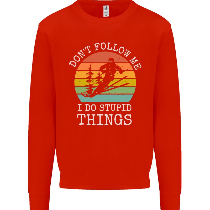 Skiing Don't Follow Me Ski Skier Funny Kids Sweatshirt Jumper Bright Red