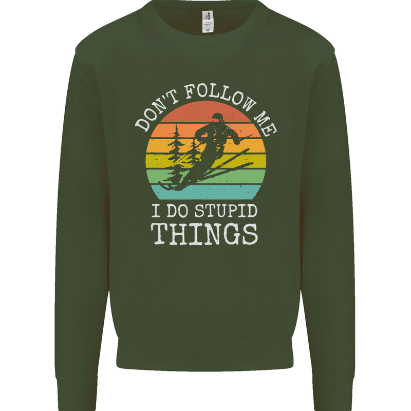 Skiing Don't Follow Me Ski Skier Funny Kids Sweatshirt Jumper Forest Green