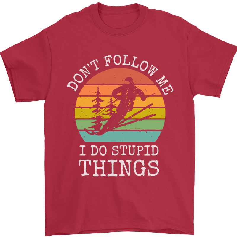 Skiing Don't Follow Me Ski Skier Funny Mens T-Shirt Cotton Gildan Red