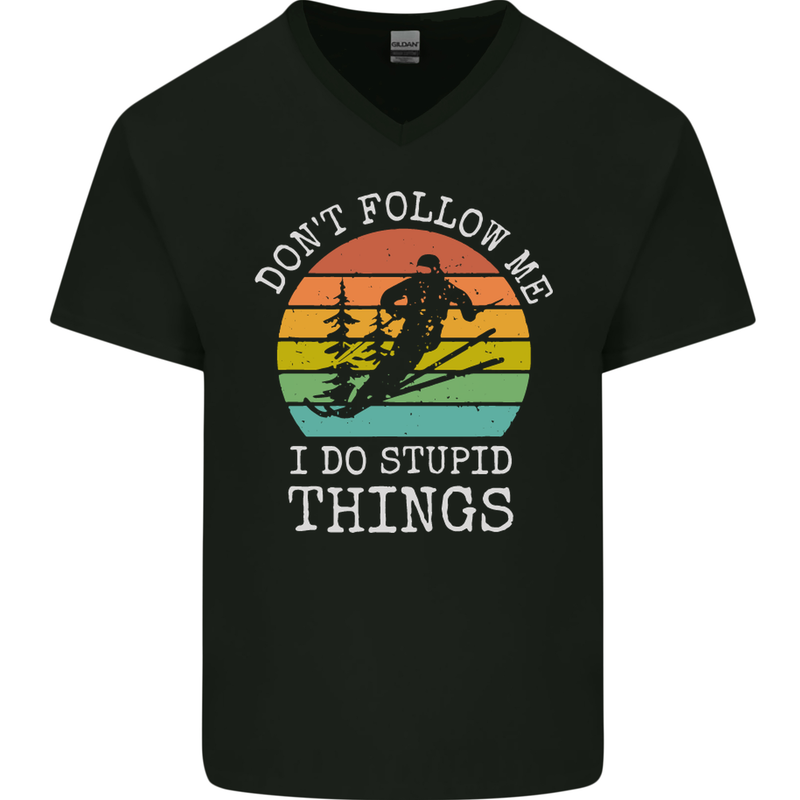 Skiing Don't Follow Me Ski Skier Funny Mens V-Neck Cotton T-Shirt Black