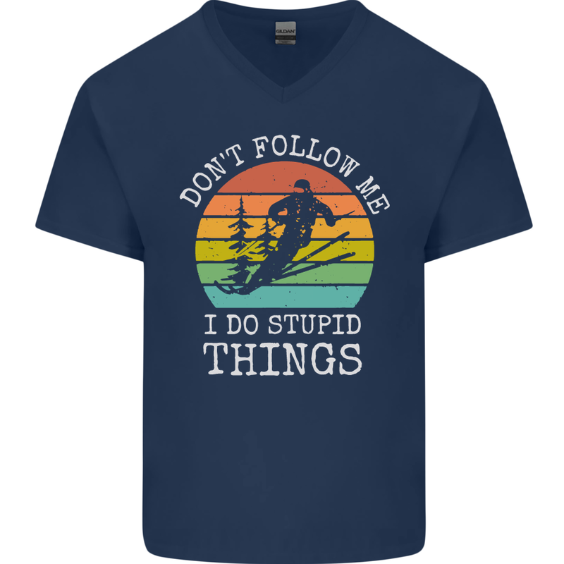 Skiing Don't Follow Me Ski Skier Funny Mens V-Neck Cotton T-Shirt Navy Blue