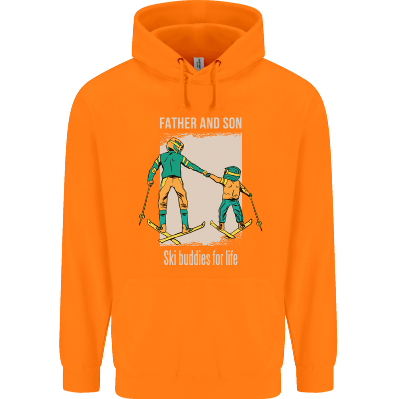 Skiing Father & Son Ski Buddies Fathers Day Childrens Kids Hoodie Orange