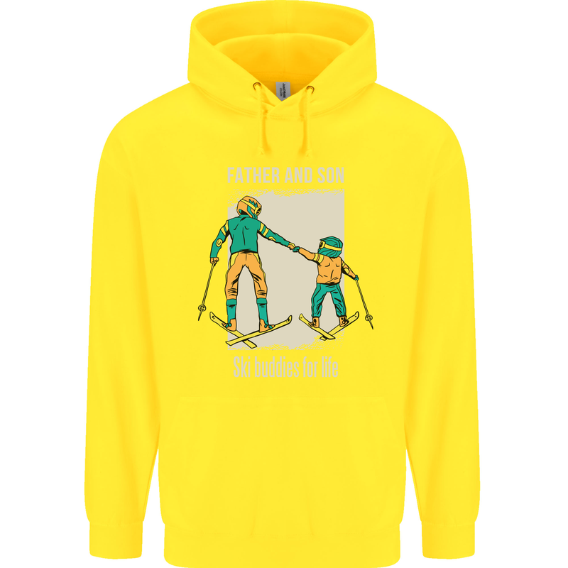 Skiing Father & Son Ski Buddies Fathers Day Childrens Kids Hoodie Yellow