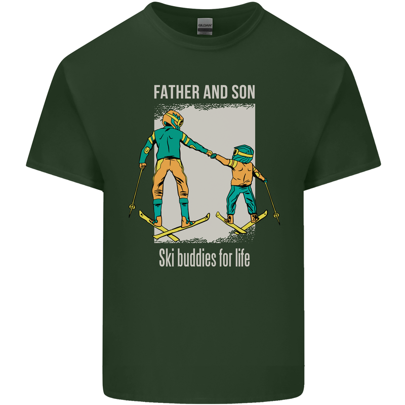 Skiing Father & Son Ski Buddies Fathers Day Mens Cotton T-Shirt Tee Top Forest Green