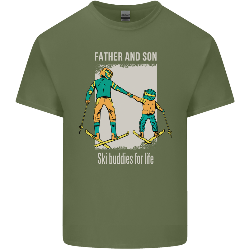 Skiing Father & Son Ski Buddies Fathers Day Mens Cotton T-Shirt Tee Top Military Green