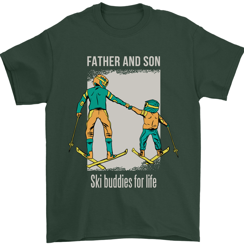 Skiing Father & Son Ski Buddies Fathers Day Mens T-Shirt 100% Cotton Forest Green