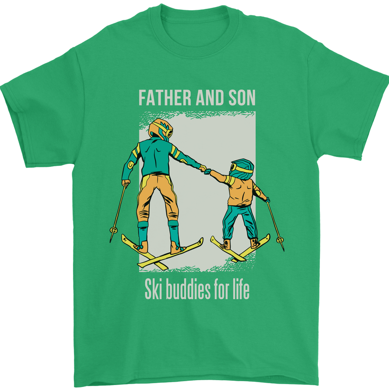 Skiing Father & Son Ski Buddies Fathers Day Mens T-Shirt 100% Cotton Irish Green