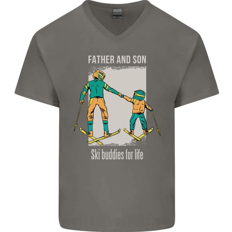 Skiing Father & Son Ski Buddies Fathers Day Mens V-Neck Cotton T-Shirt Charcoal