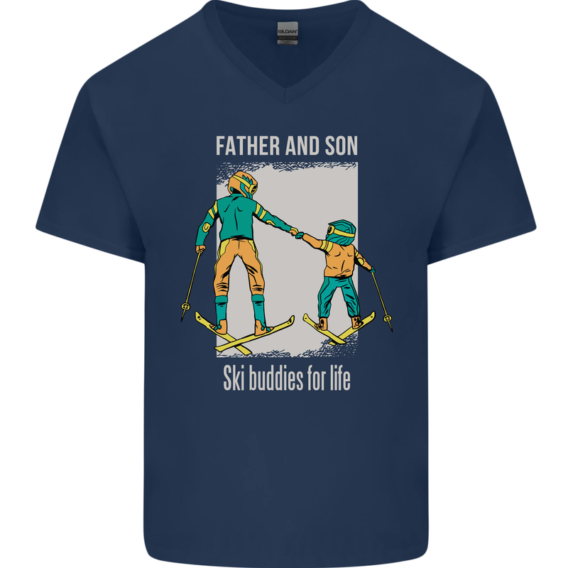 Skiing Father & Son Ski Buddies Fathers Day Mens V-Neck Cotton T-Shirt Navy Blue