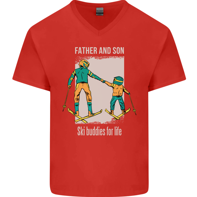 Skiing Father & Son Ski Buddies Fathers Day Mens V-Neck Cotton T-Shirt Red