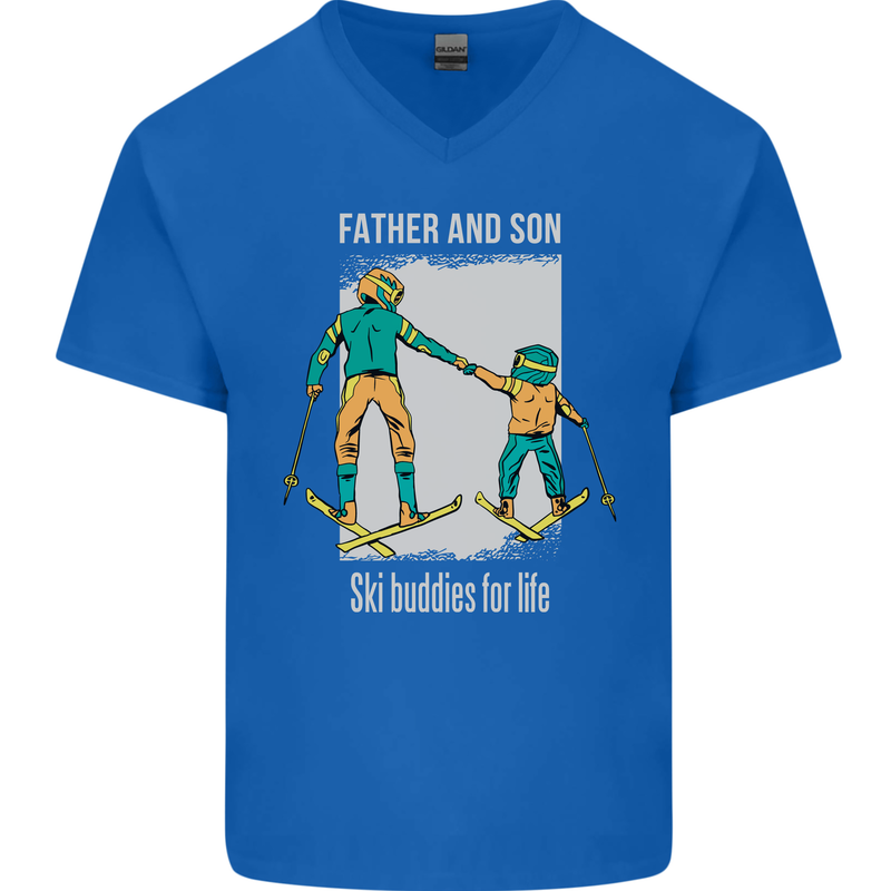 Skiing Father & Son Ski Buddies Fathers Day Mens V-Neck Cotton T-Shirt Royal Blue