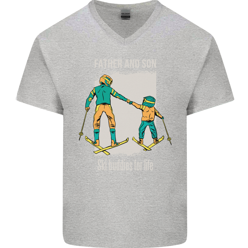 Skiing Father & Son Ski Buddies Fathers Day Mens V-Neck Cotton T-Shirt Sports Grey