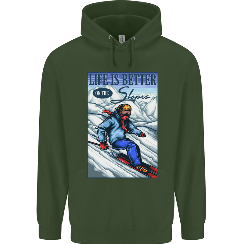 Skiing Life Better on the Slopes Ski Skiier Childrens Kids Hoodie Forest Green