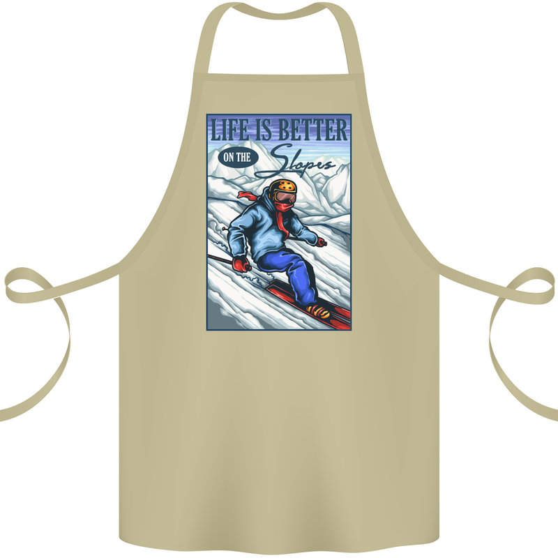 Skiing Life Better on the Slopes Ski Skiier Cotton Apron 100% Organic Khaki