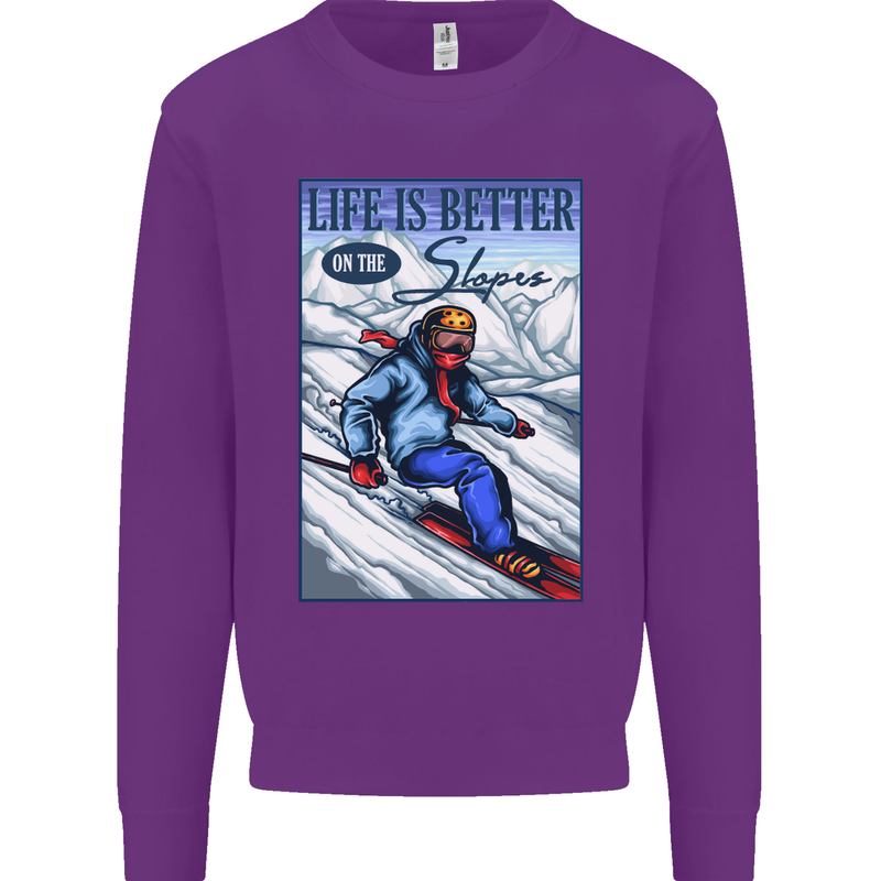 Skiing Life Better on the Slopes Ski Skiier Kids Sweatshirt Jumper Purple