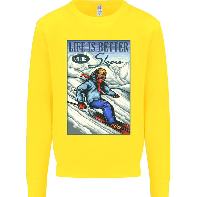 Skiing Life Better on the Slopes Ski Skiier Kids Sweatshirt Jumper Yellow