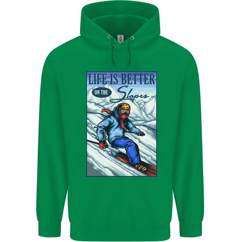 Skiing Life Better on the Slopes Ski Skiier Mens 80% Cotton Hoodie Irish Green