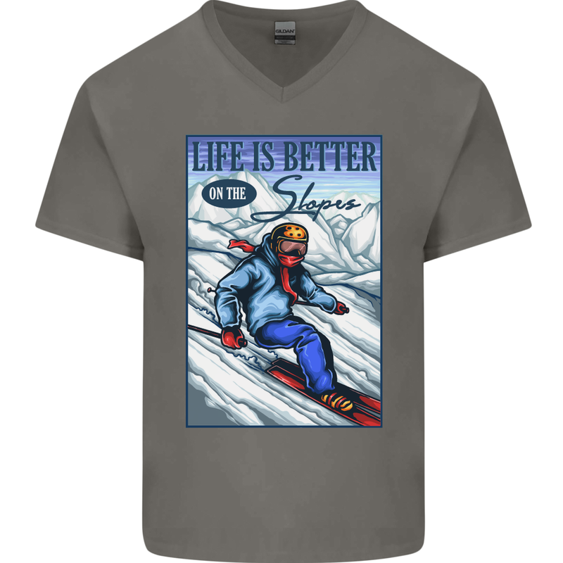Skiing Life Better on the Slopes Ski Skiier Mens V-Neck Cotton T-Shirt Charcoal