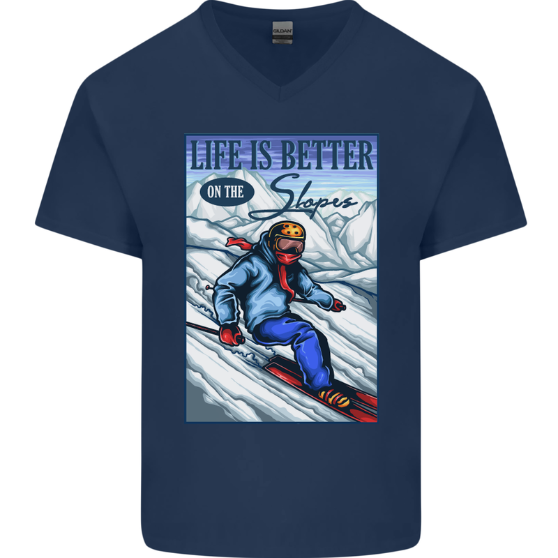 Skiing Life Better on the Slopes Ski Skiier Mens V-Neck Cotton T-Shirt Navy Blue