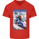 Skiing Life Better on the Slopes Ski Skiier Mens V-Neck Cotton T-Shirt Red