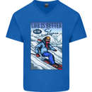 Skiing Life Better on the Slopes Ski Skiier Mens V-Neck Cotton T-Shirt Royal Blue