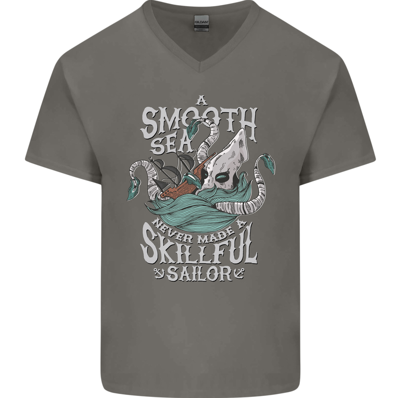 Skilful Sailor Kraken Sailing Cthulhu Mens V-Neck Cotton T-Shirt Charcoal