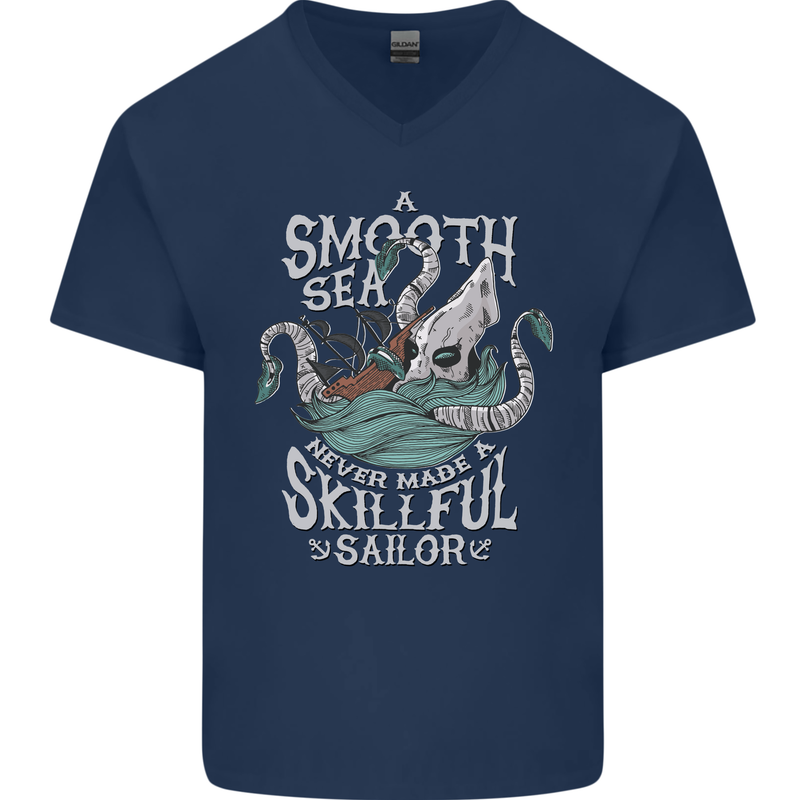 Skilful Sailor Kraken Sailing Cthulhu Mens V-Neck Cotton T-Shirt Navy Blue