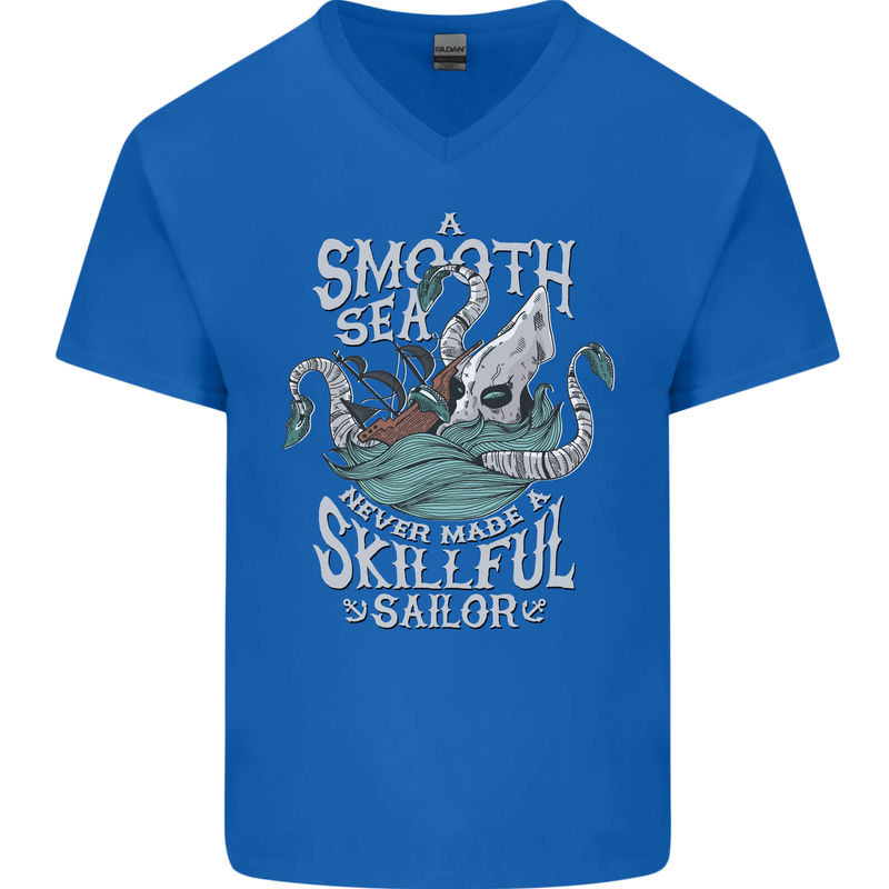 Skilful Sailor Kraken Sailing Cthulhu Mens V-Neck Cotton T-Shirt Royal Blue