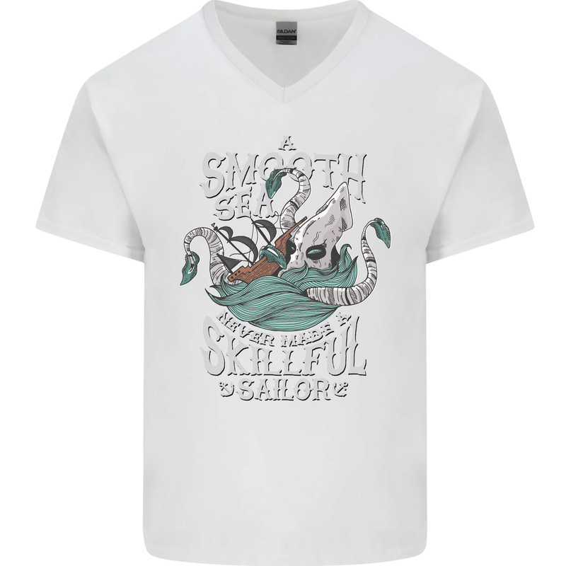 Skilful Sailor Kraken Sailing Cthulhu Mens V-Neck Cotton T-Shirt White