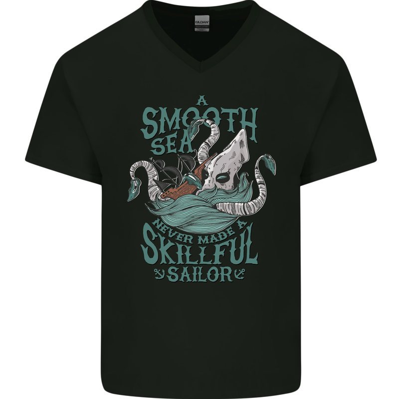 Skilful Sailor Kraken Sailing Octopus Mens V-Neck Cotton T-Shirt Black