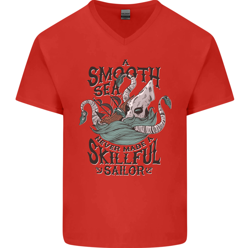 Skilful Sailor Kraken Sailor Mens V-Neck Cotton T-Shirt Red