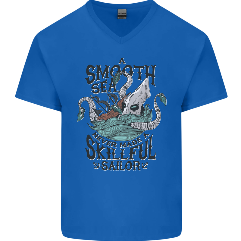 Skilful Sailor Kraken Sailor Mens V-Neck Cotton T-Shirt Royal Blue