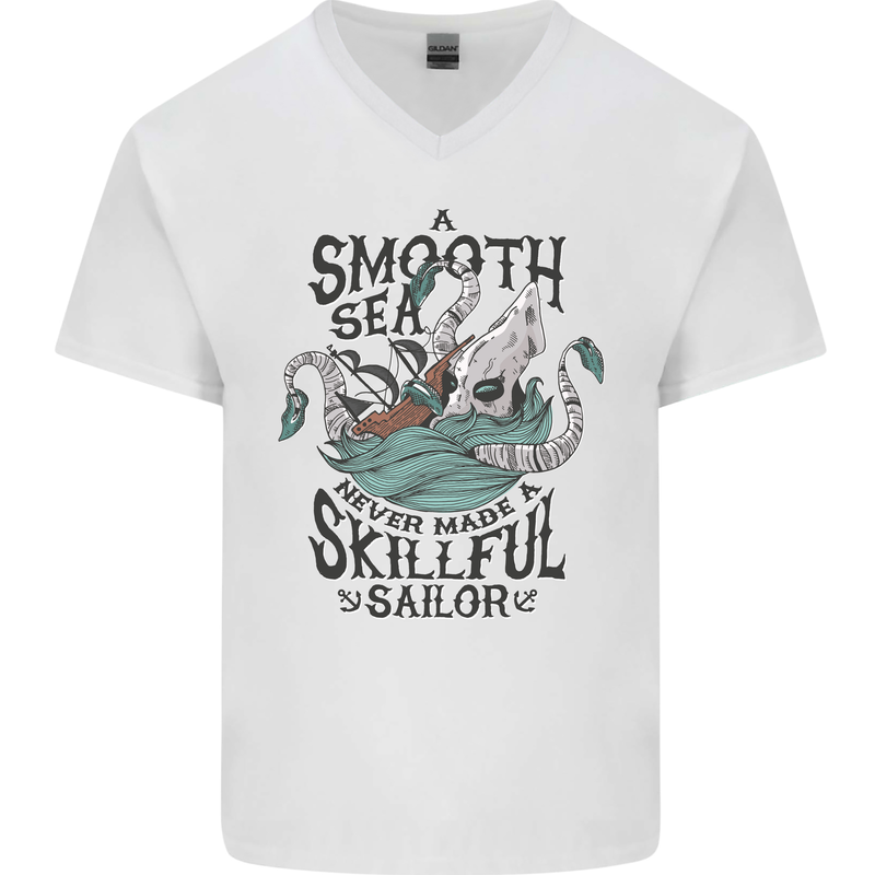 Skilful Sailor Kraken Sailor Mens V-Neck Cotton T-Shirt White