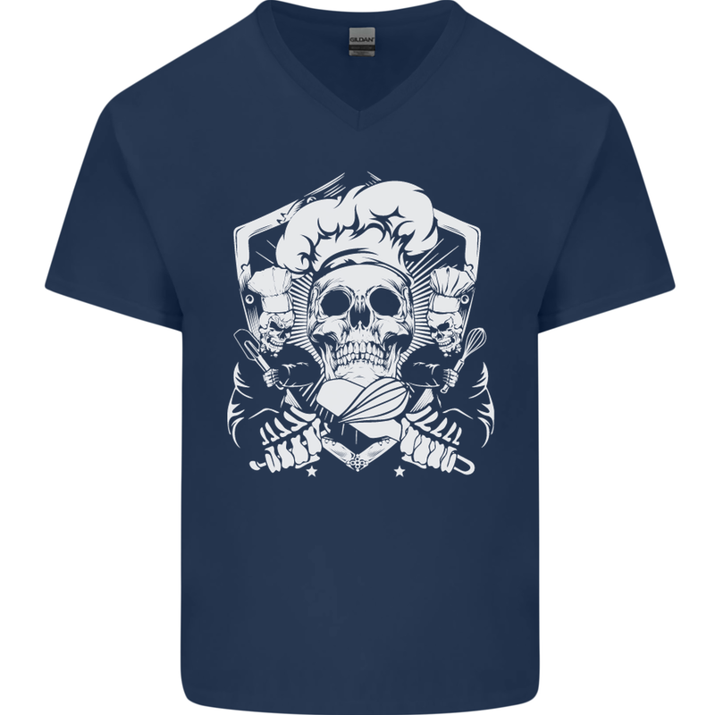 Skull Chef Cooking Cook Baker Baking Mens V-Neck Cotton T-Shirt Navy Blue