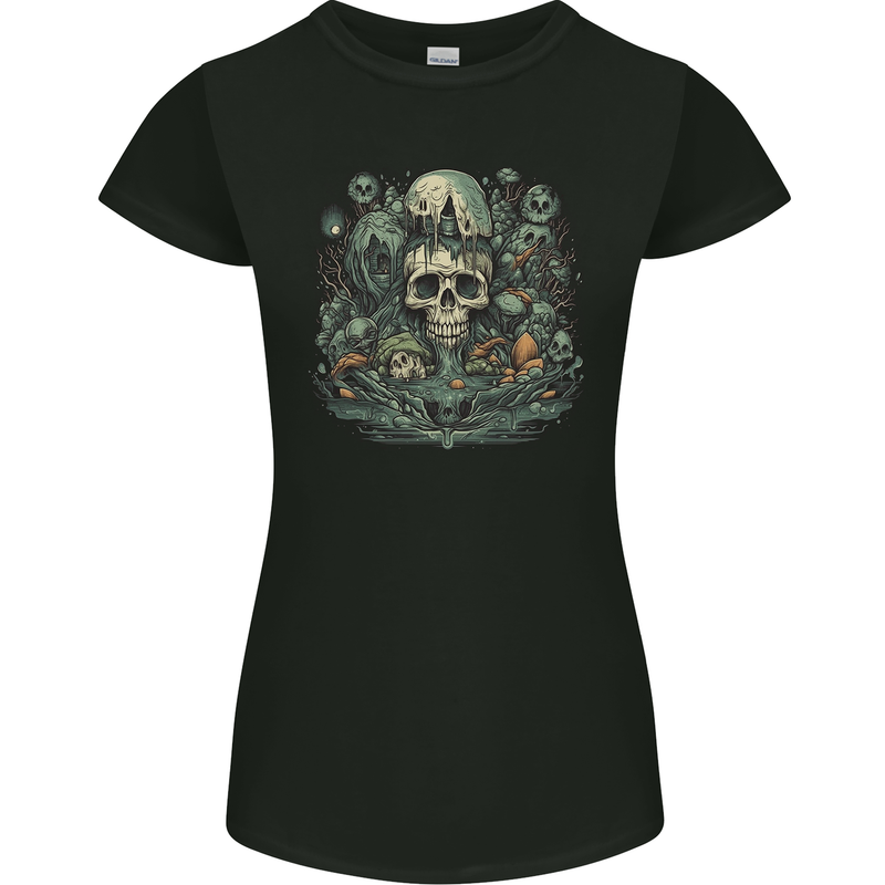 Skull City Biker Gothic Evil Womens Petite Cut T-Shirt Black
