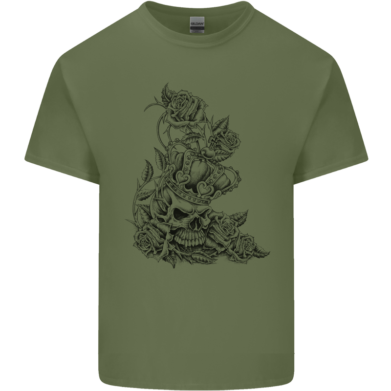 Skull Crown Biker Skull Gothic Heavy Metal Mens Cotton T-Shirt Tee Top Military Green