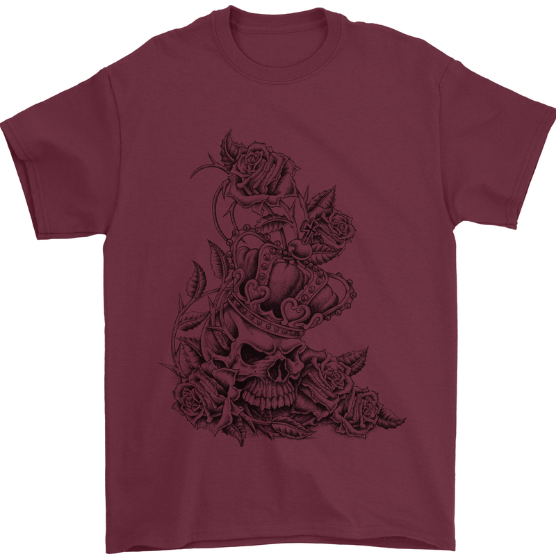 Skull Crown Biker Skull Gothic Heavy Metal Mens T-Shirt Cotton Gildan Maroon