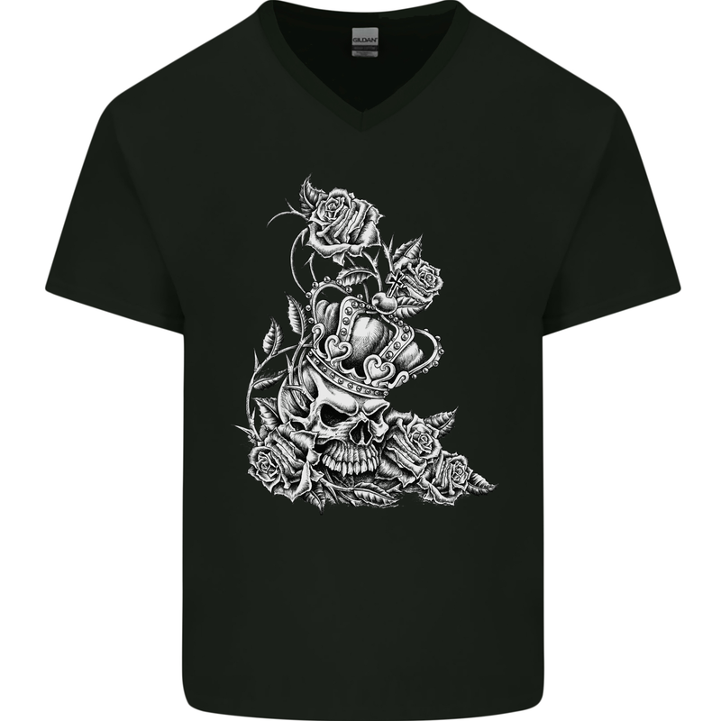 Skull Crown Biker Skull Gothic Heavy Metal Mens V-Neck Cotton T-Shirt Black