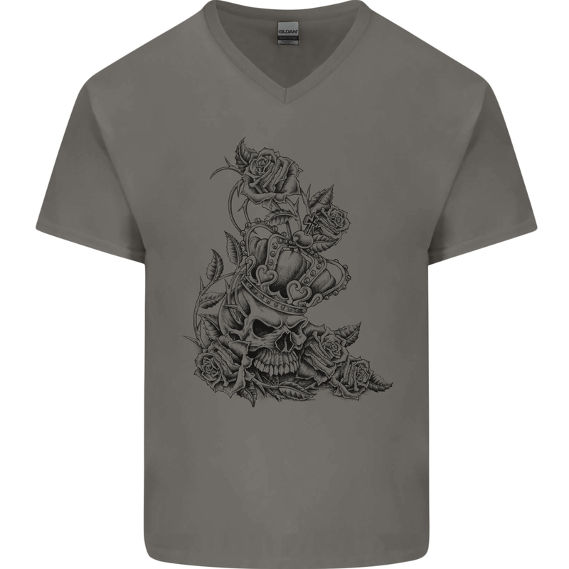 Skull Crown Biker Skull Gothic Heavy Metal Mens V-Neck Cotton T-Shirt Charcoal