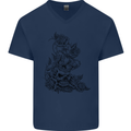 Skull Crown Biker Skull Gothic Heavy Metal Mens V-Neck Cotton T-Shirt Navy Blue