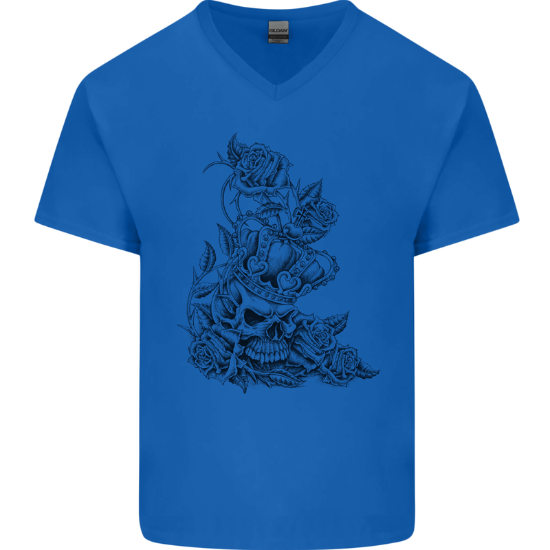 Skull Crown Biker Skull Gothic Heavy Metal Mens V-Neck Cotton T-Shirt Royal Blue