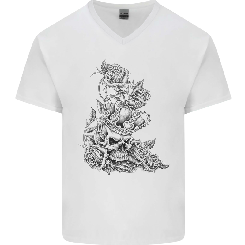 Skull Crown Biker Skull Gothic Heavy Metal Mens V-Neck Cotton T-Shirt White