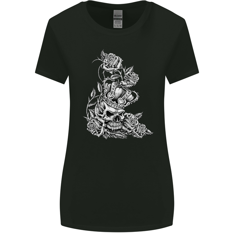 Skull Crown Biker Skull Gothic Heavy Metal Womens Wider Cut T-Shirt Black