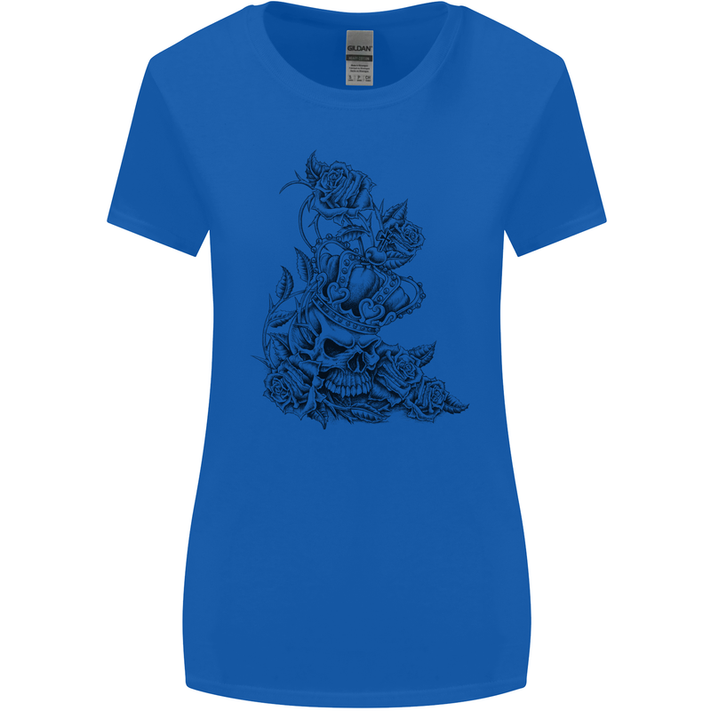 Skull Crown Biker Skull Gothic Heavy Metal Womens Wider Cut T-Shirt Royal Blue