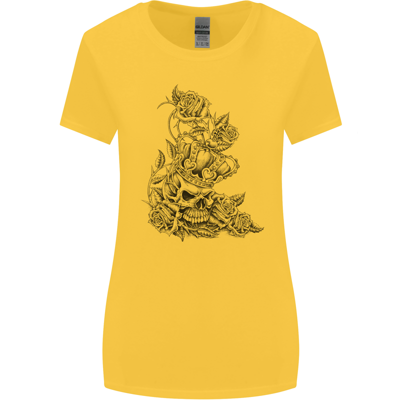 Skull Crown Biker Skull Gothic Heavy Metal Womens Wider Cut T-Shirt Yellow