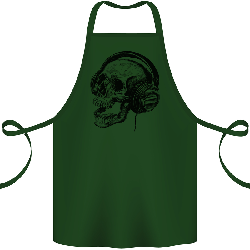 Skull Headphones Gothic Rock Music DJ Cotton Apron 100% Organic Forest Green
