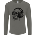 Skull Headphones Gothic Rock Music DJ Mens Long Sleeve T-Shirt Charcoal